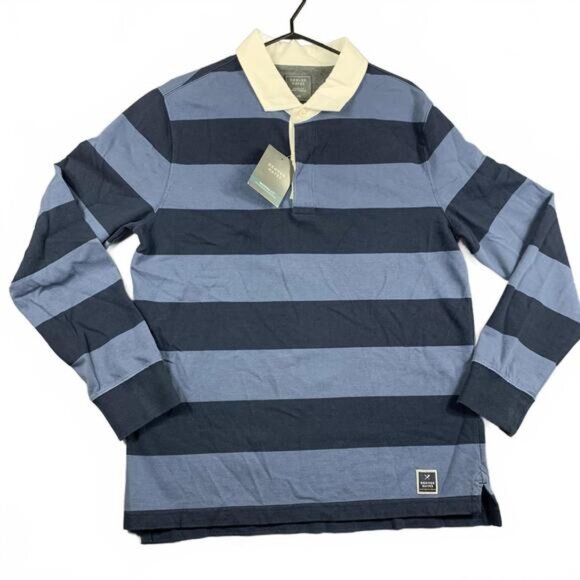 NWT Denver Hayes Mens Size L Navy Blue Striped Long Sleeve Polo Shirt Modern Fit - Picture 1 of 10